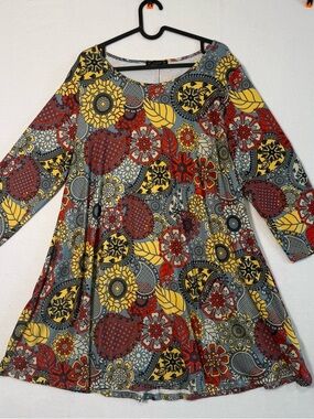Enmain Printed Mini Dress in Yellow, Red & Gray Size XL Boho Maximalism Flowy
